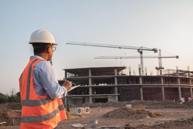 Ingegnere asiatico che lavora nel sito di un grande progetto di costruzioneLa gente della Thailandia fa gli straordinari in cantiere