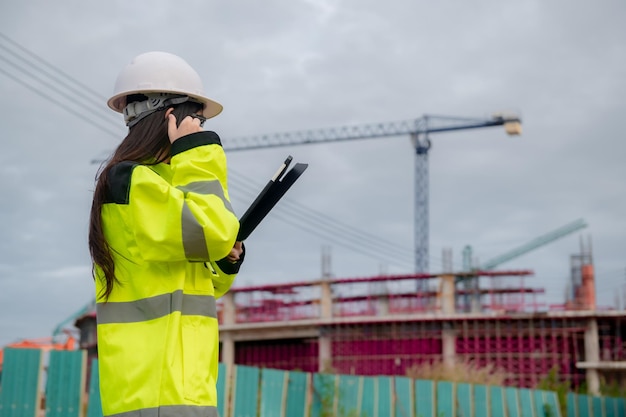 Ingegnere asiatico che lavora nel sito di un grande progetto di costruzioneLa gente della Thailandia fa gli straordinari in cantiere