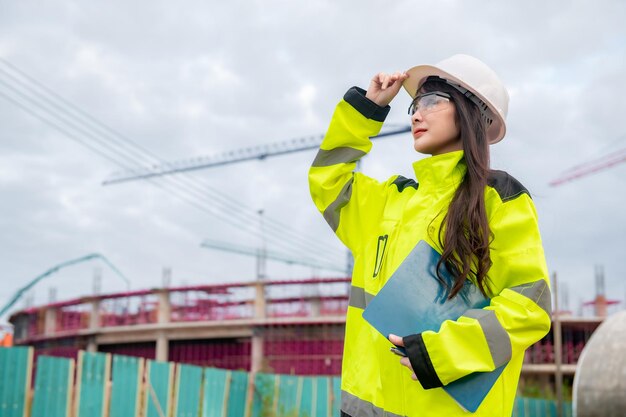 Ingegnere asiatico che lavora nel sito di un grande progetto di costruzioneLa gente della Thailandia fa gli straordinari in cantiere