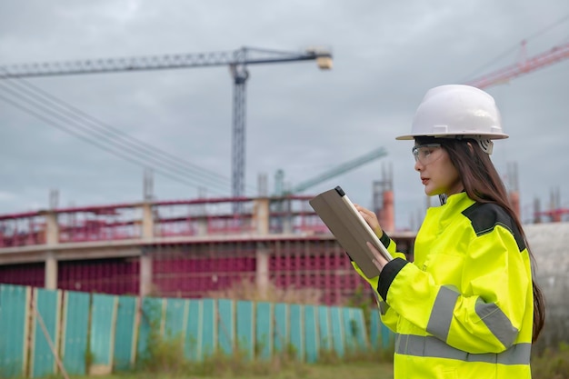 Ingegnere asiatico che lavora nel sito di un grande progetto di costruzioneLa gente della Thailandia fa gli straordinari in cantiere