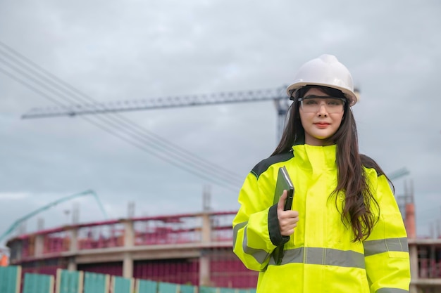 Ingegnere asiatico che lavora nel sito di un grande progetto di costruzioneLa gente della Thailandia fa gli straordinari in cantiere