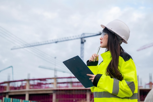 Ingegnere asiatico che lavora nel sito di un grande progetto di costruzioneLa gente della Thailandia fa gli straordinari in cantiere