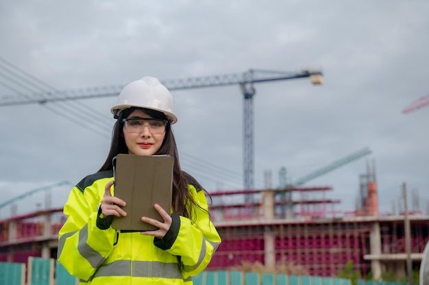 Ingegnere asiatico che lavora nel sito di un grande progetto di costruzioneLa gente della Thailandia fa gli straordinari in cantiere