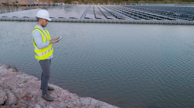 Ingegnere asiatico che lavora presso la fattoria solare galleggianteEnergia rinnovabileTecnico e investitore pannelli solari che controllano i pannelli presso l'impianto di energia solare