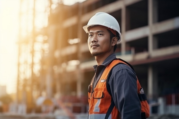 ingegnere asiatico intelligente manager con uniforme di sicurezza controllo sito di costruzione con acciaio