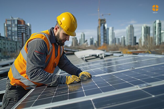 Ingegnere che ispeziona i pannelli solari in un ambiente urbano