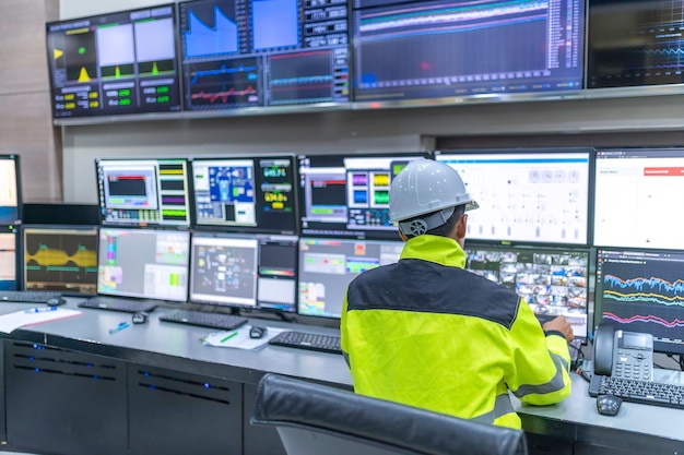 Ingegnere che lavora nella sala di controllo gestore del sistema di controllo tecnico uomo programma di monitoraggio da un sacco di monitor