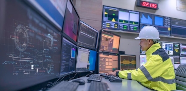 Ingegnere che lavora nella sala di controllo gestore del sistema di controllo tecnico uomo programma di monitoraggio da un sacco di monitor