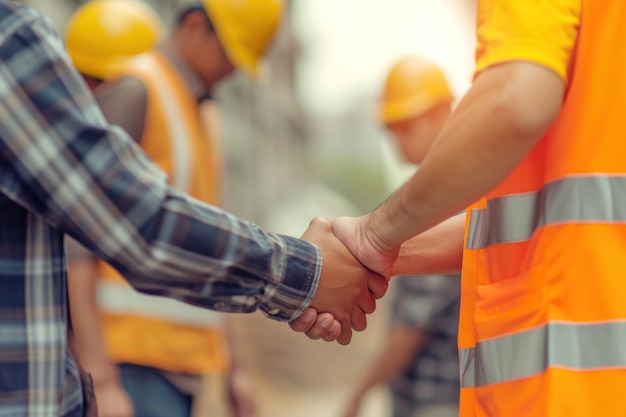 Ingegnere che stringe la mano insieme al lavoratore con lo sfondo della costruzione