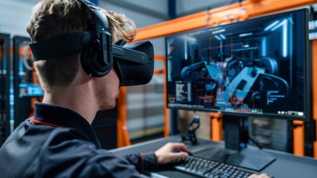 Ingegnere che utilizza la realtà virtuale per interagire con la simulazione di macchinari