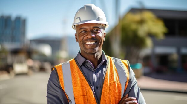 Ingegnere civile con i progetti sul cantiere sorriso caldo e orgoglioso