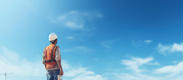 ingegnere con casco e panno di sicurezza si erge contro il cielo blu
