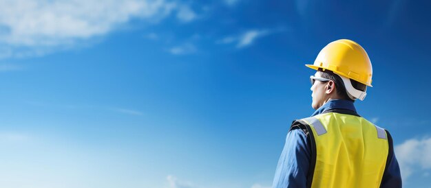 ingegnere con casco e panno di sicurezza si erge contro il cielo blu