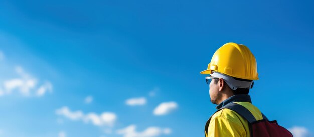 ingegnere con casco e panno di sicurezza si erge contro il cielo blu