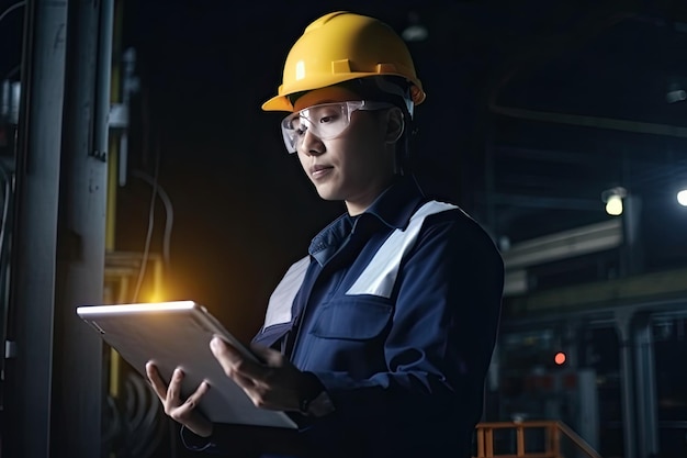 Ingegnere con computer tablet sul posto di lavoro in fabbrica Creato con intelligenza artificiale generativa