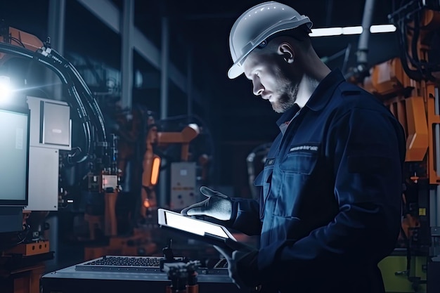 Ingegnere con computer tablet sul posto di lavoro in fabbrica Lavoratore industriale IA generativa
