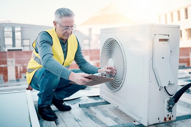 Ingegnere del condizionamento dell'aria sul tetto e tecnico con macchina per la manutenzione o la riparazione degli appunti Operaio o tuttofare con lista di controllo dei documenti o conferma del ventilatore funzionante hvac per la garanzia della qualità