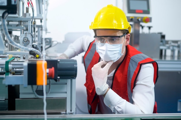 Ingegnere del controllo qualità (QC) che monitora e controlla il sistema della macchina nella fabbrica di produzione