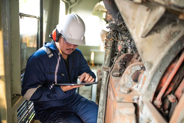 Ingegnere del motore che ispeziona grandi macchine in fabbricaTecnico di manutenzione del motore ferroviarioresponsabile meccanico di riparazione del motore