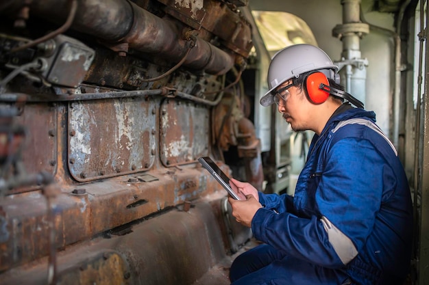 Ingegnere del motore che ispeziona grandi macchine in fabbricaTecnico di manutenzione del motore ferroviarioresponsabile meccanico di riparazione del motore