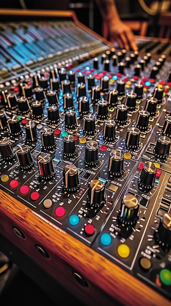 Ingegnere del suono che usa una console di mixaggio audio professionale in uno studio di registrazione