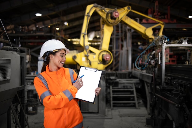 Ingegnere di fabbrica o supervisore che controlla la macchina industriale del braccio robotico