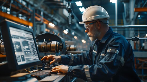 Ingegnere di sesso maschile sicuro che indossa un casco e occhiali di sicurezza gestisce un computer mentre lavora su un progetto in una fabbrica moderna