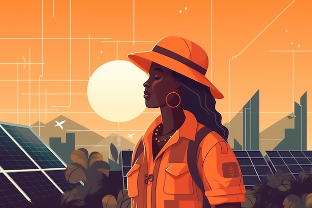 Ingegnere donna afro che lavora su pannelli solari illustrazione piatta AI Generato