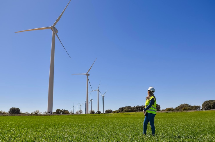 Foto ingegnere donna che ispeziona una centrale eolica che genera energia rinnovabile