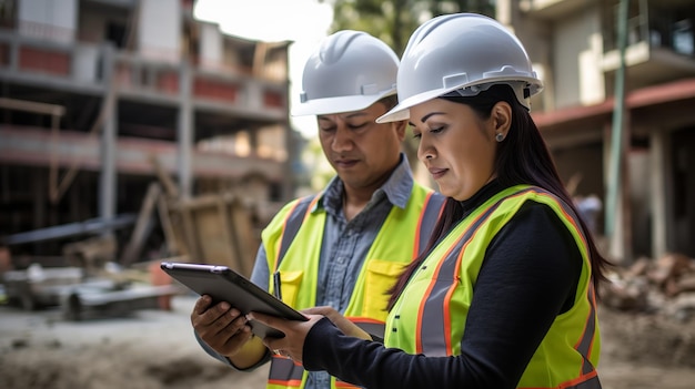 Ingegnere donna che supervisiona la costruzione di edifici con operaio edile