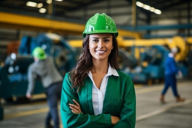 ingegnere donna in piedi con fiducia con vestito verde suite di lavoro di fronte al magazzino di