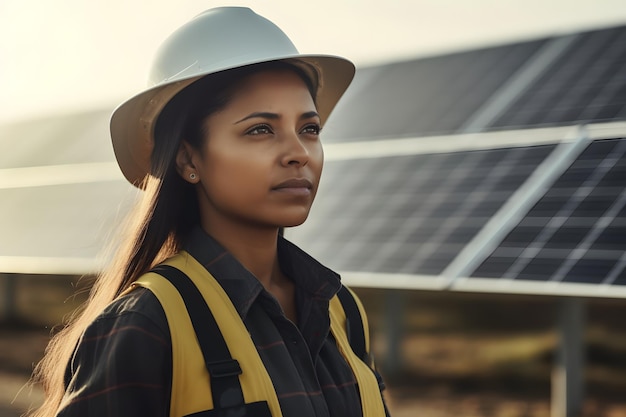 Ingegnere donna latino professionista che guarda lontano con un sorriso di piacere mentre lavora in un campo verde ecologico con pannelli solari Concetto di centrale fotovoltaica Ai generativo