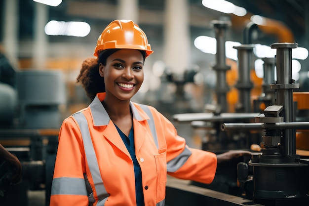 Ingegnere donna lavoratrice donne che lavorano felici sorridendo in una fabbrica di macchinari per l'industria pesante