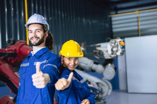 Ingegnere donna squadra lavoratrice lavora in macchina robotica moderna industria di automazione Impiegato del personale meccanico nella fabbrica di metallo