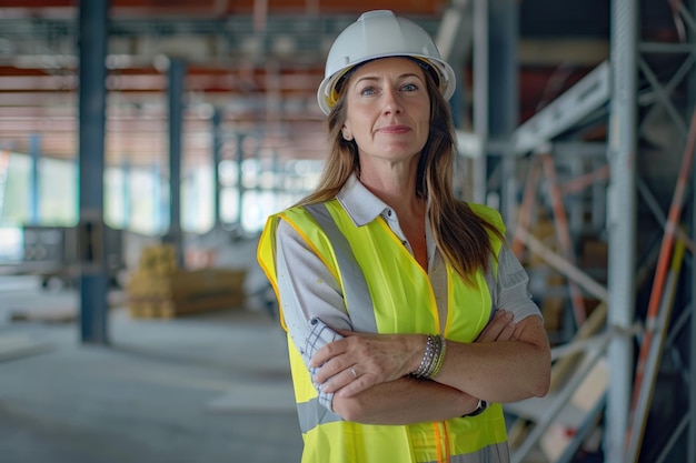 Ingegnere donna sul cantiere con un direttore di costruzione maturo