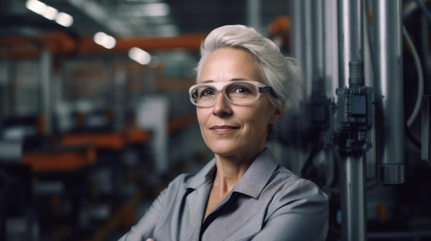 Ingegnere donna volto sorridente in piedi sullo sfondo sfocato di una fabbrica intelligente con bracci robotici IA generativa AIG20