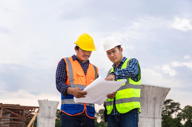 Ingegnere e caposquadra che controllano il progetto in cantiere Ingegnere e costruttori in elmetti protettivi che discutono del progetto sul cantiere Concetti di lavoro di squadra