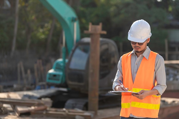 Ingegnere edile che lavora in un cantiere di costruzione di un ponte su un fiume Ingegnere civile che supervisiona il lavoro Foreman che ispeziona il lavoro in un sito di costruzione