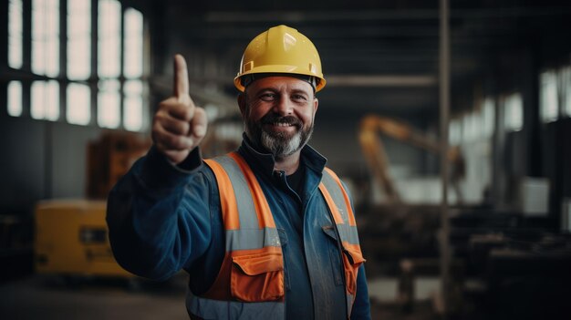 Ingegnere edile che mostra il segno della vittoria in cantiere