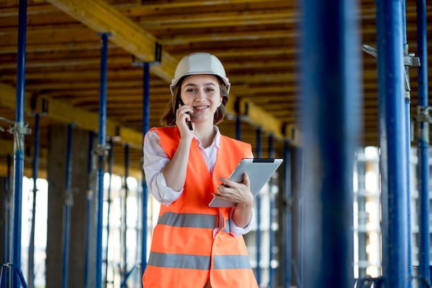 Ingegnere edile femminile. Architetto con un computer tablet in un cantiere edile. Giovane donna in cerca, luogo di cantiere sullo sfondo. Concetto di costruzione