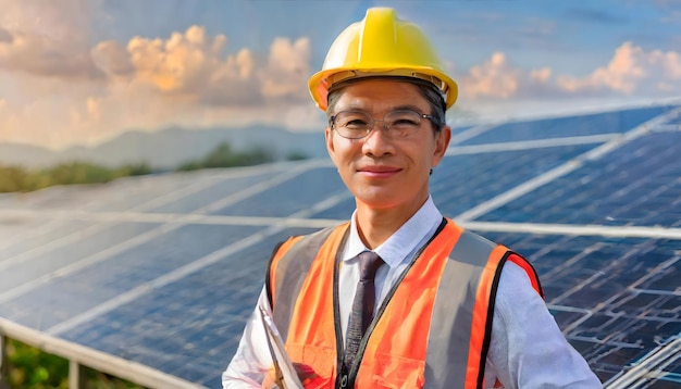Ingegnere elettrico asiatico che lavora in una centrale solare.