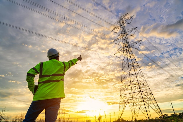 Ingegnere elettrico asiatico in piedi e guardare presso la centrale elettrica per visualizzare il lavoro di pianificazione producendo elettricità ai poli dell'elettricità ad alta tensione