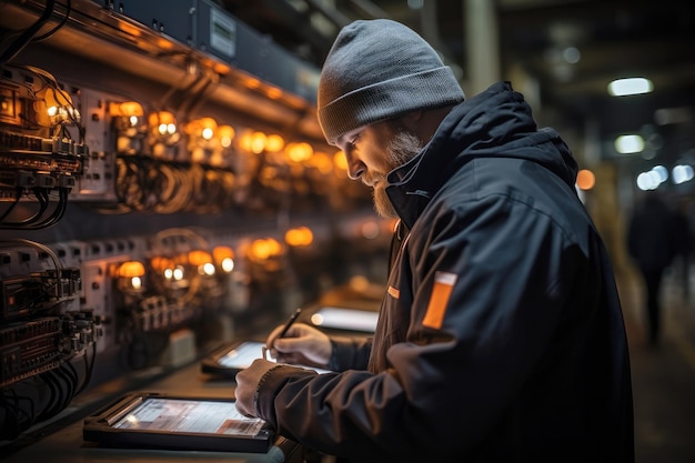 Ingegnere elettrico che ispeziona l'attrezzatura di una sottostazione elettrica