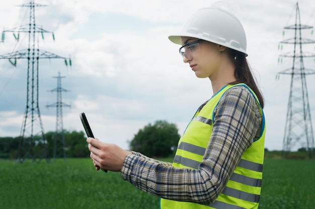 Ingegnere elettrico donna alta tensione energia industria elettricista lavoratore concetto di energia di lavoro alto