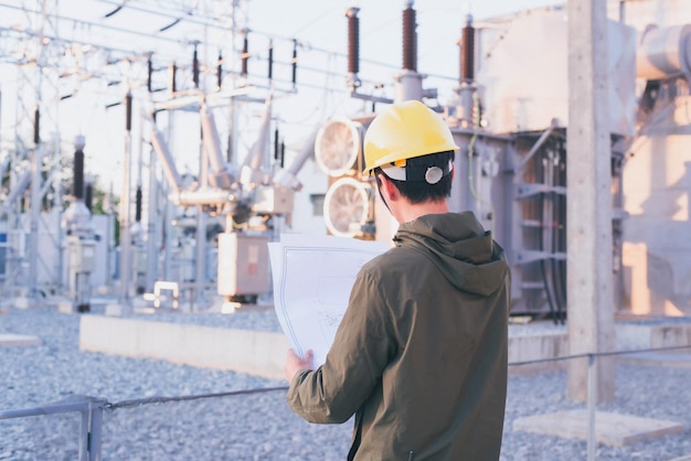 Ingegnere elettrico in piedi presso la sottostazione elettrica