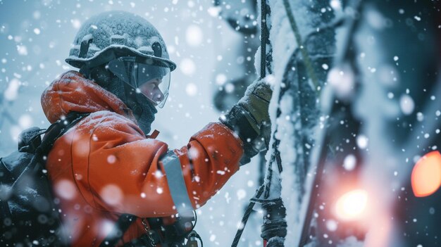 ingegnere elettrico lavoratore in una forte tempesta di neve