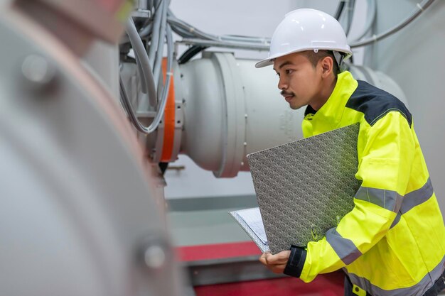 Ingegnere elettrico uomo che controlla la tensione all'armadio di distribuzione dell'alimentazione nella sala di controllomanutenzione preventiva YearlyThailand Elettricista che lavora presso l'azienda