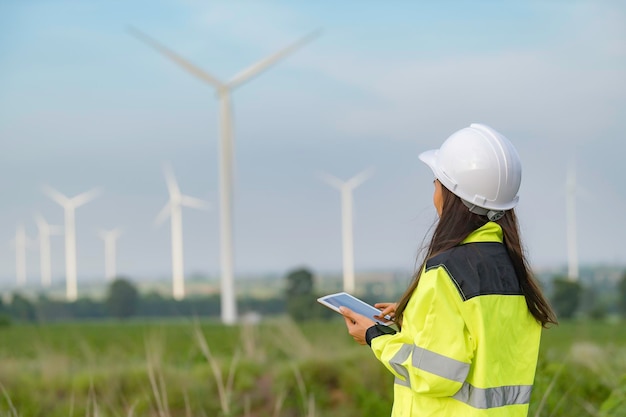 Ingegnere femminile che lavora e tiene il rapporto presso l'azienda agricola di turbine eoliche Power Generator Station su mountainThailand persone