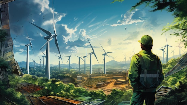 Ingegnere guarda le turbine eoliche in natura Energia rinnovabile verde Generativa AI