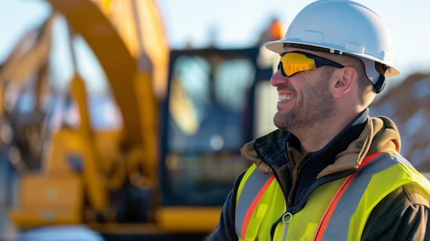 Ingegnere in attrezzature ad alta visibilità sorridente sul posto di lavoro